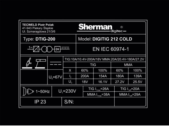 Suvirinimo aparatas Sherman DIGITIG 212 COLD, 200A, 230V 5