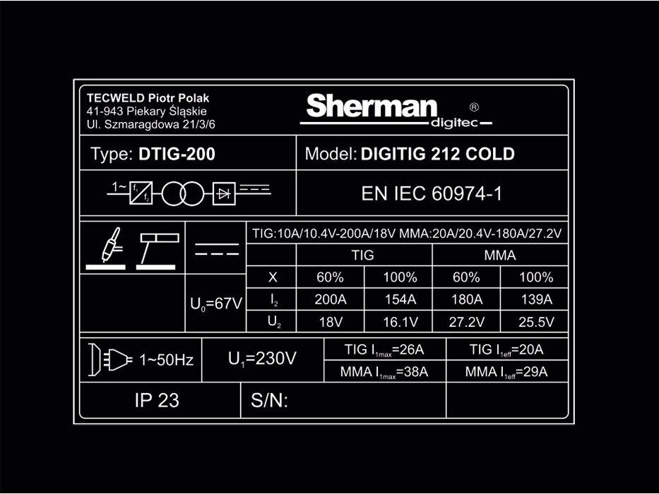 Welding machine Sherman DIGITIG 212 COLD, 200A, 230V 5 Welding machine Sherman DIGITIG 212 COLD, 200A, 230V 5
